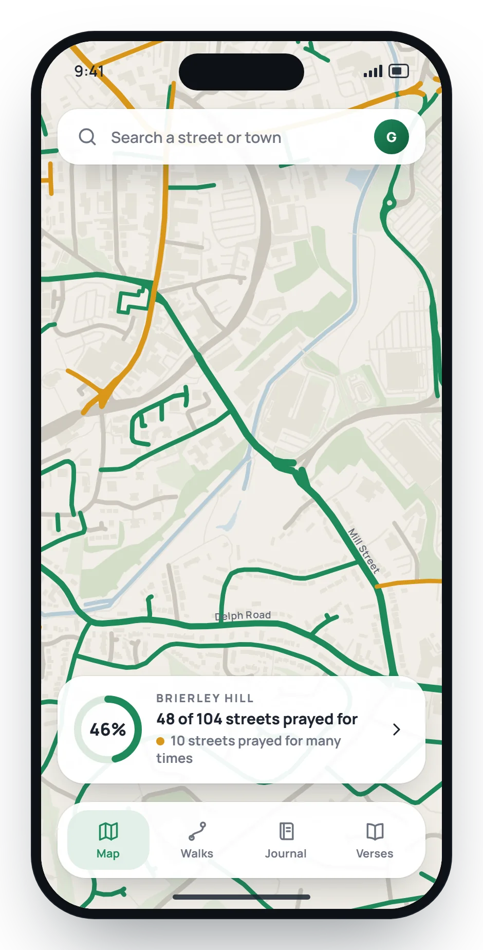 The map of Brierley Hill with streets coloured grey, green and gold, concept