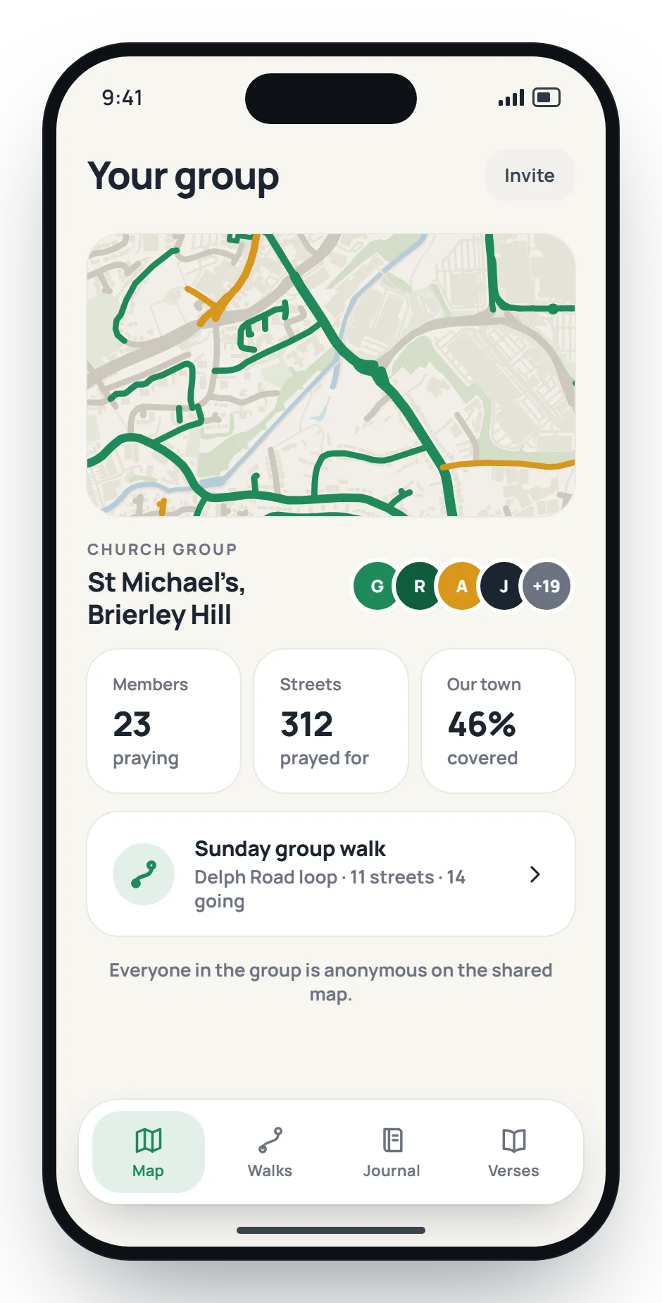 A church group screen: shared total and map, concept